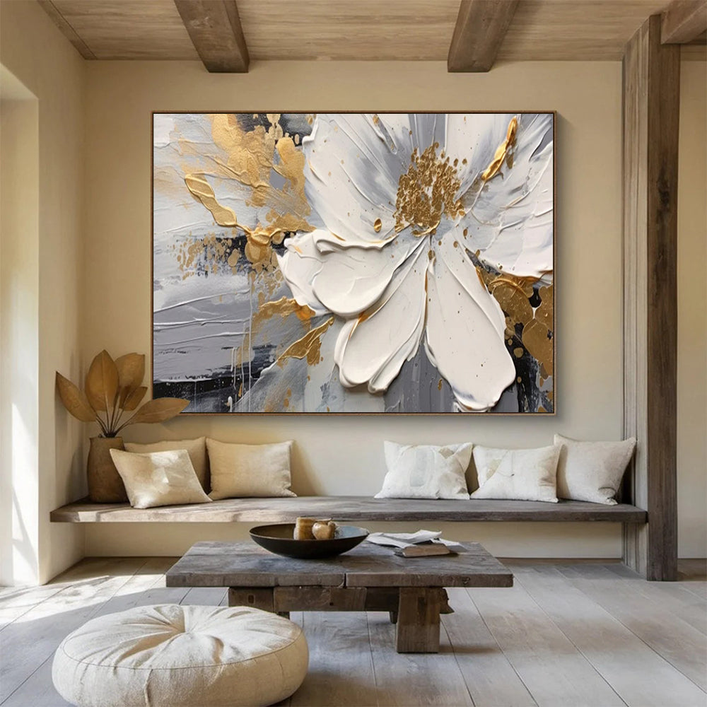 “Gilded Floral Elegance” – Whites, grays, golds in thick, textured flower petals CT1703