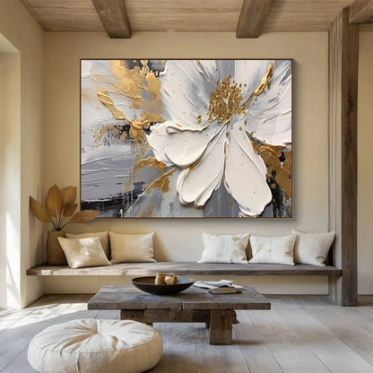 “Gilded Floral Elegance” – Whites, grays, golds in thick, textured flower petals CT1703