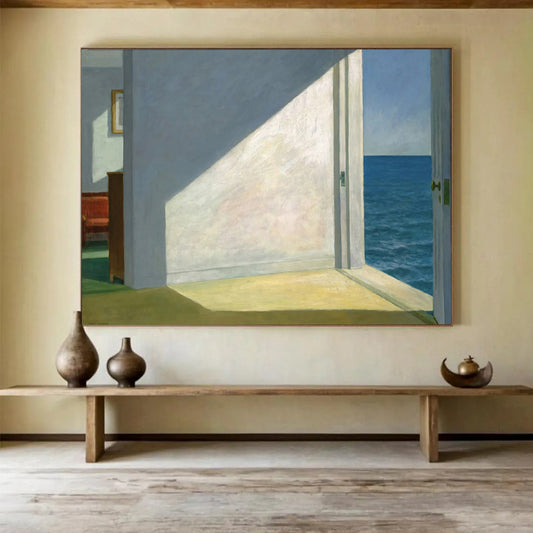 “Interior with Ocean View” - Whites, blues, greens; minimalist room with open door to the sea CT1608
