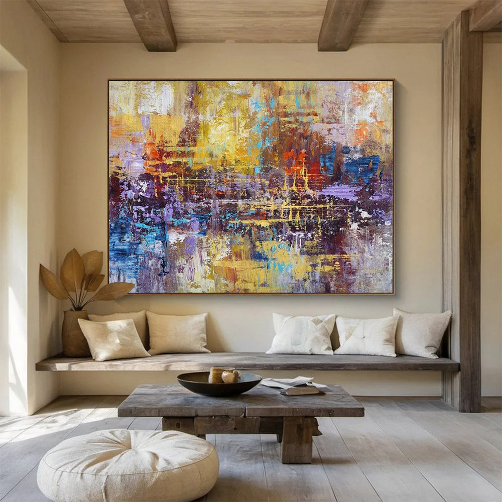 “Golden - Purple Fusion” - Yellows, purples, blues, oranges; layered, chaotic yet harmonious abstract scene CT1516
