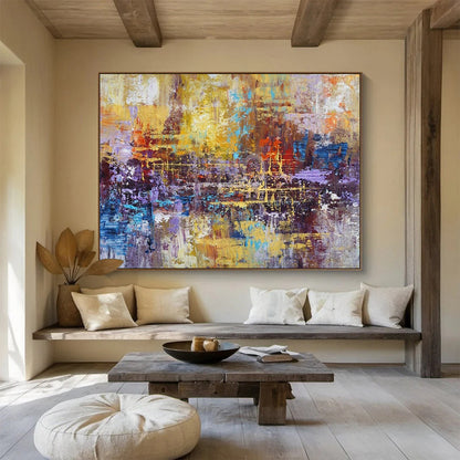 “Golden - Purple Fusion” - Yellows, purples, blues, oranges; layered, chaotic yet harmonious abstract scene CT1516