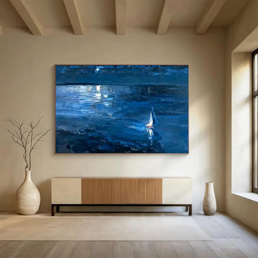 “Moonlit Sailboat at Sea” – Impressionistic Oil Painting CT1784
