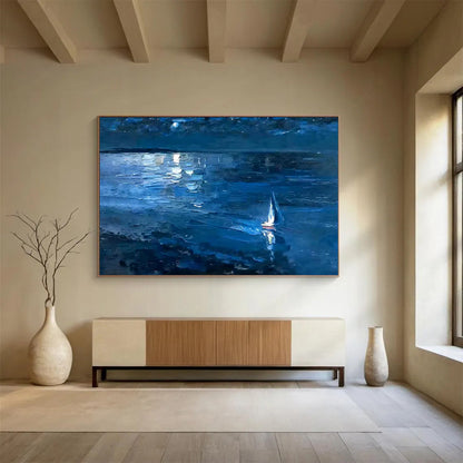 “Moonlit Sailboat at Sea” – Impressionistic Oil Painting CT1784