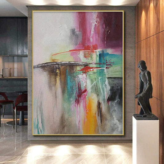 “Color Collision” - Abstract Painting with Pink, Red, Green, Blue, Gray CT0056