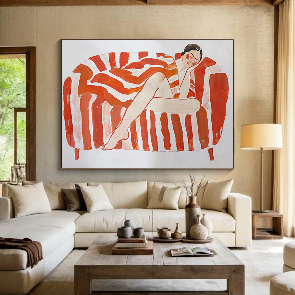 Woman on Striped Sofa Stylized Figure Painting On Canvas DKH226
