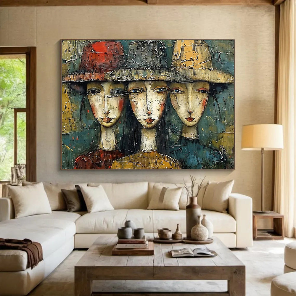 “Textured Trio of Faces” - Earthy Multicolor Portrait Painting On Canvas DKH763