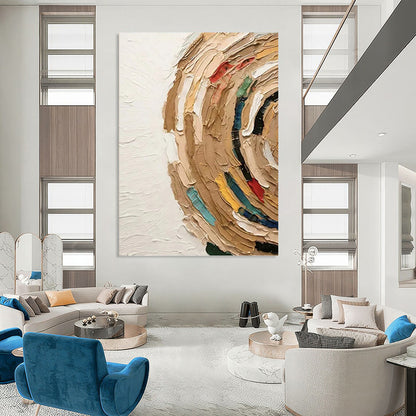 “Textured Circular Abstract with Earth Tones and Colorful Accents” - Impasto - Style Painting On Canvas DKH1118