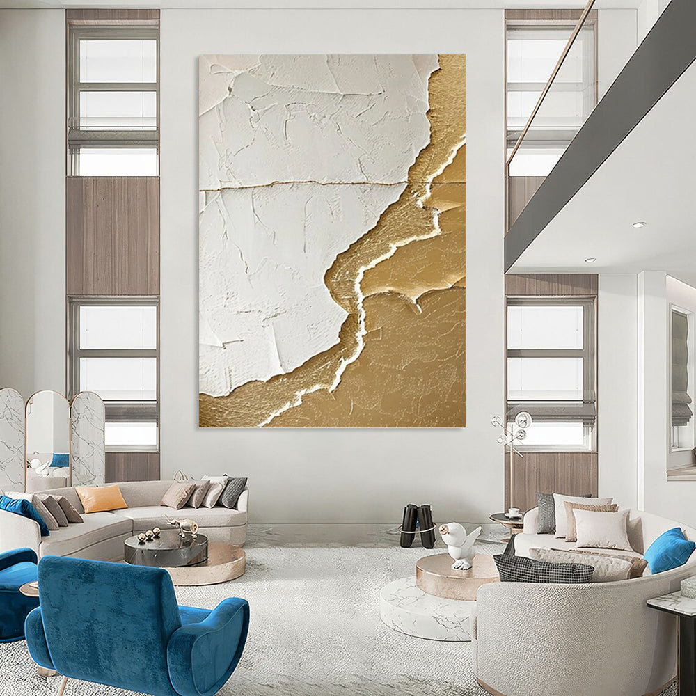 “White & Gold Textured Abstract Tear” Painting On Canvas DKH0986