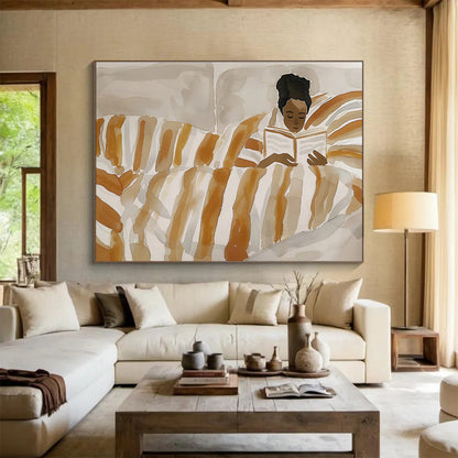 Woman Reading in Striped Bed Cozy Scene Painting On Canvas DKH230