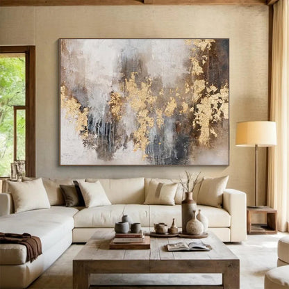 “Gold - Accented Abstract” Abstract Mixed - Media Painting On Canvas DKH413