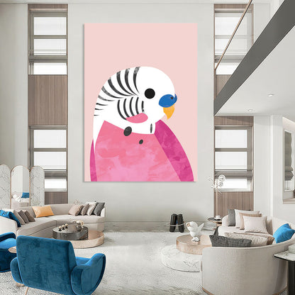 “Pink - Themed Parakeet” - Pink, White, Blue, Yellow Illustration - Style Painting On Canvas DTP227