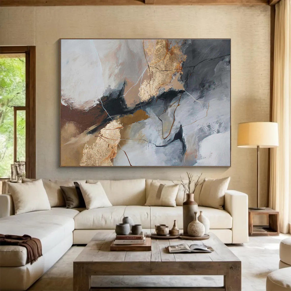 “Gray - Gold Abstract Cracks” Abstract Acrylic Painting On Canvas DKH518