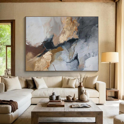 “Gray - Gold Abstract Cracks” Abstract Acrylic Painting On Canvas DKH518