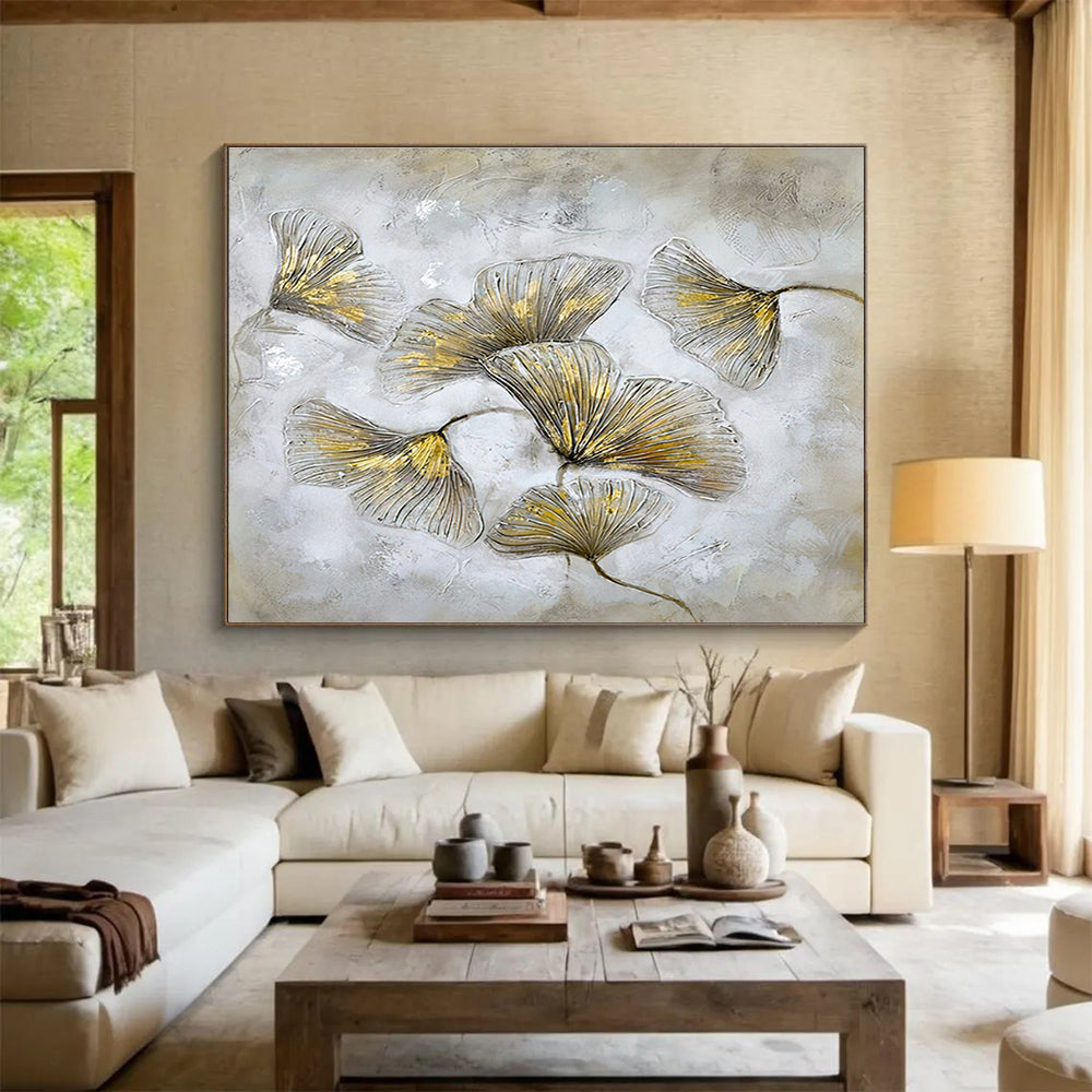 “Gilded Ginkgo Leaves” - Textured Botanical Painting On Canvas DKH790