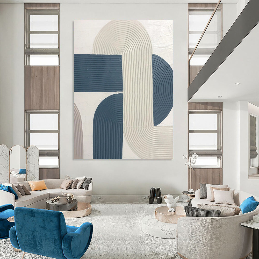 “Curved Harmony” - White & Blue Ribbon - like Shapes Painting On Canvas DKH1163