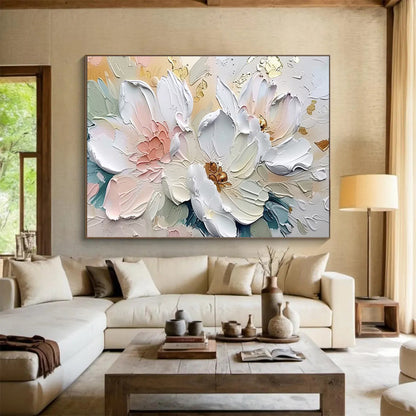 “Gilded Petal Elegance” - White, Pink, Gold Floral Relief - style Painting On Canvas DKH712