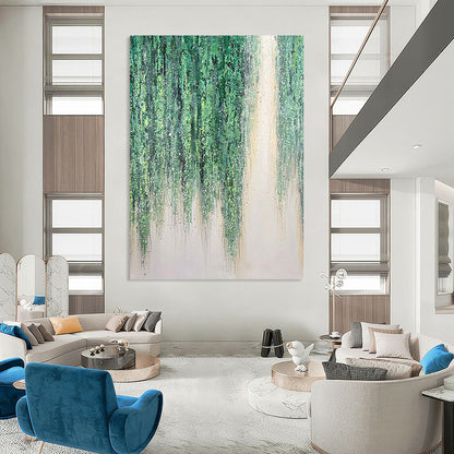 “Willow Whispers” - Green & White Hanging Foliage Painting On Canvas DKH1506