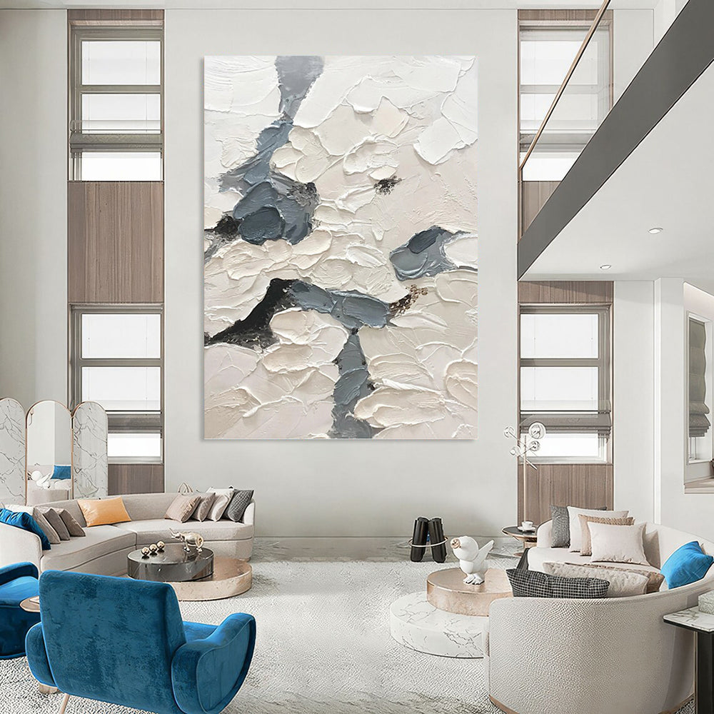 “Textured Sky Paths” - White & Gray Impasto Painting On Canvas DKH1160