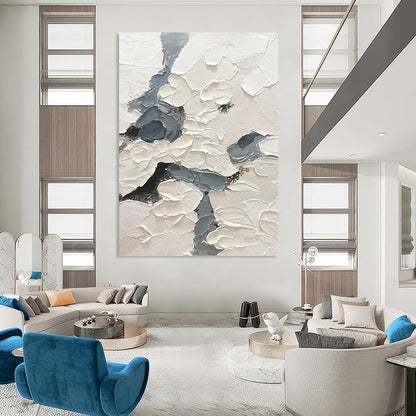 “Textured Sky Paths” - White & Gray Impasto Painting On Canvas DKH1160