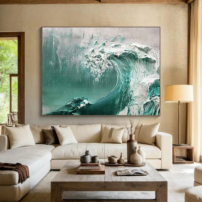 Turquoise and White Wave - Impasto Seascape Painting On Canvas DLZ232