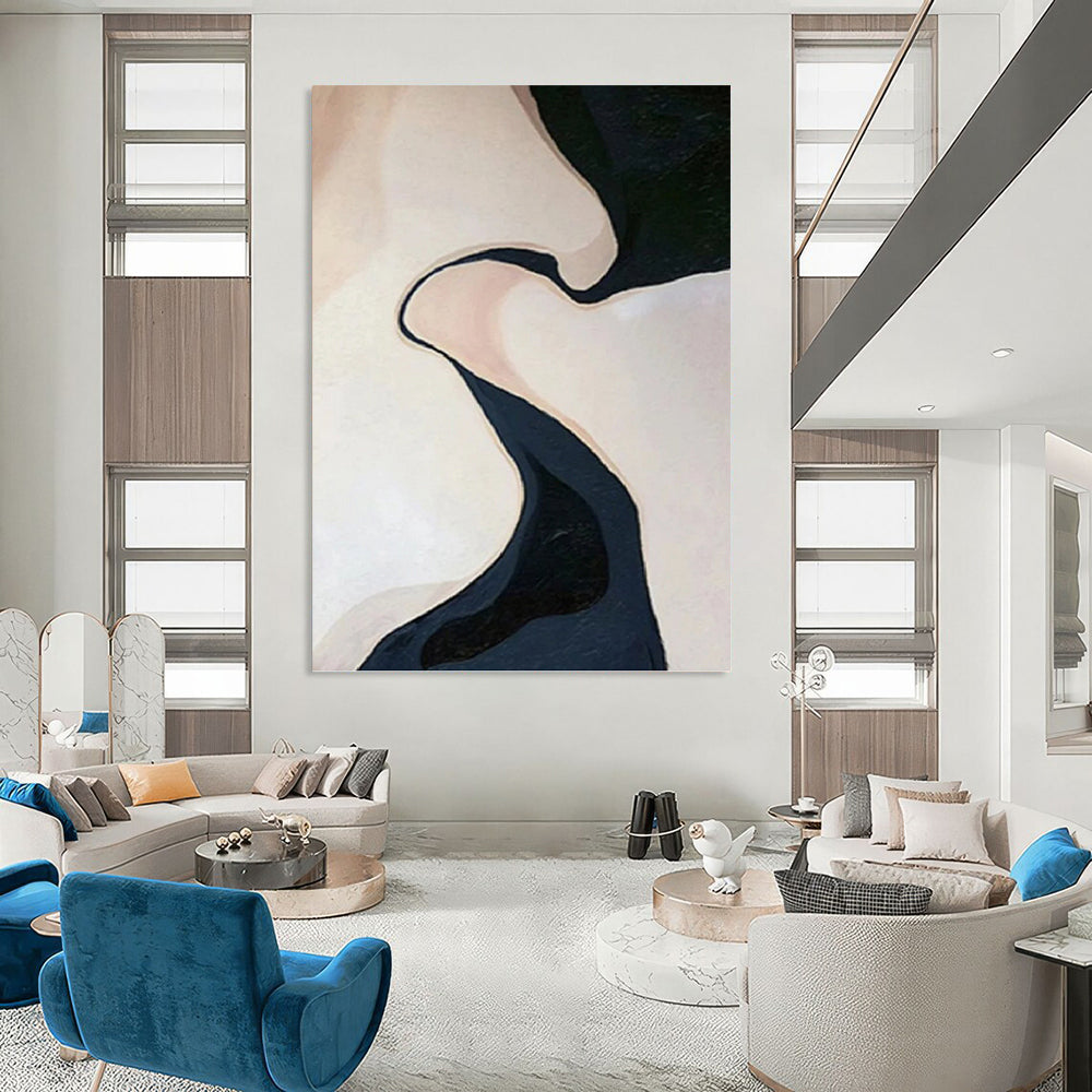“Abstract Curved Forms in Beige and Dark Blue” - Organic - Inspired Painting On Canvas DKH1120