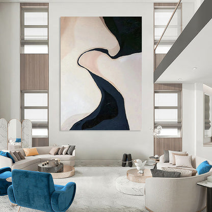 “Abstract Curved Forms in Beige and Dark Blue” - Organic - Inspired Painting On Canvas DKH1120