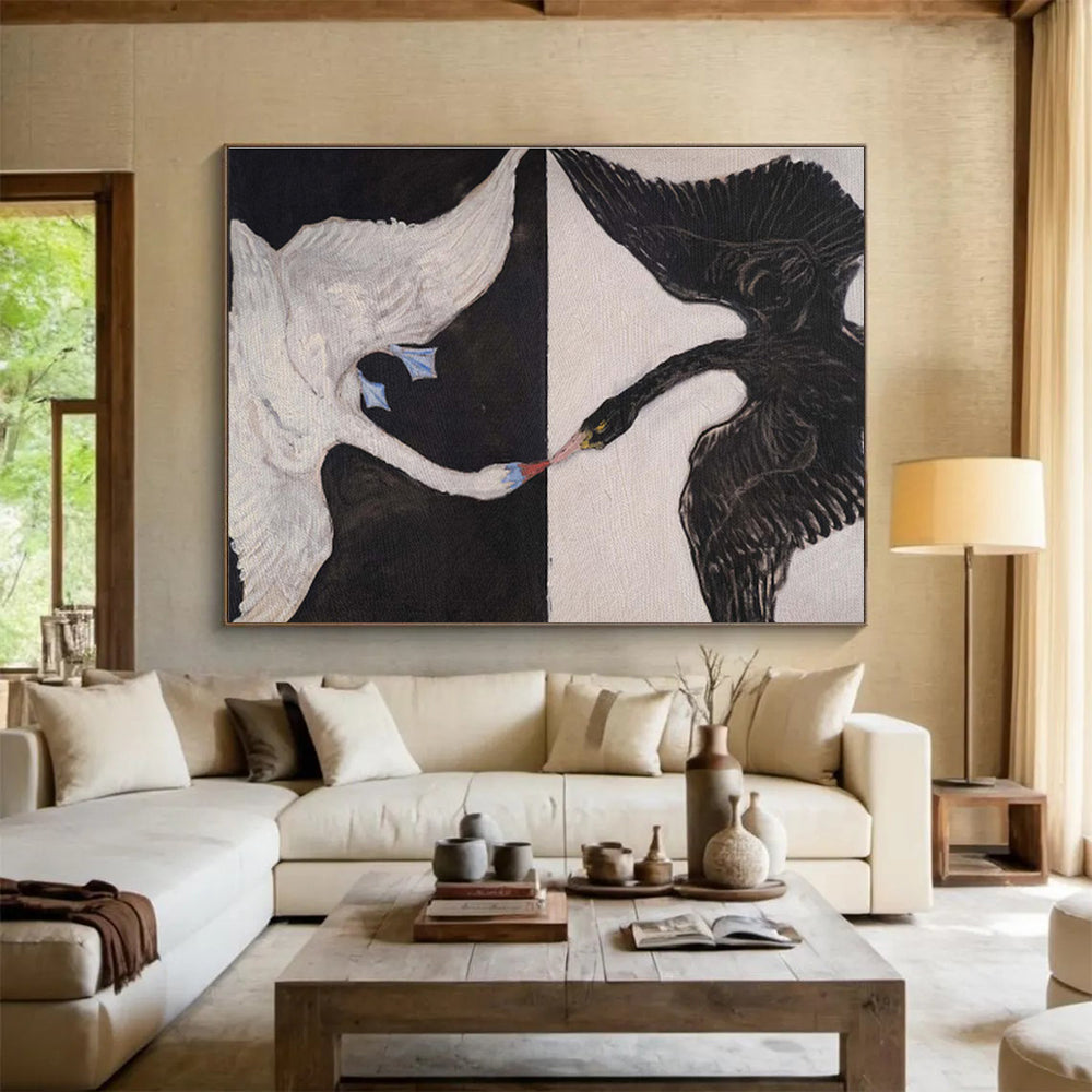 Black and White Swans “Contrasting Avian Encounter” Painting On Canvas DKH125