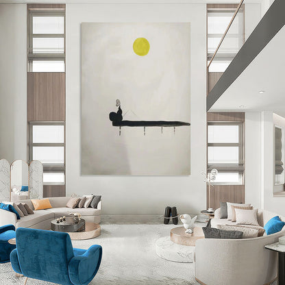 “Moonlit Solitude” - Black, White, and Yellow Minimalist Figure Painting On Canvas DKH1562