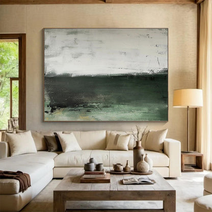 Muted Green and White Horizons Subtle Color Block Abstract Painting On Canvas DKH264