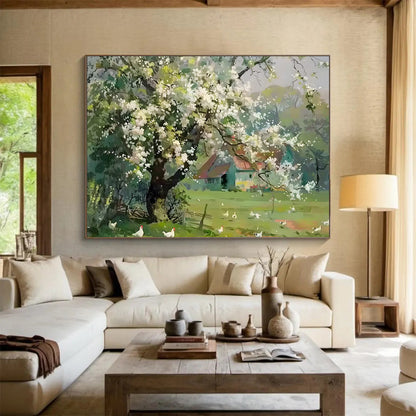 Blossoming Tree in Countryside - Realist Landscape Painting On Canvas DLZ215