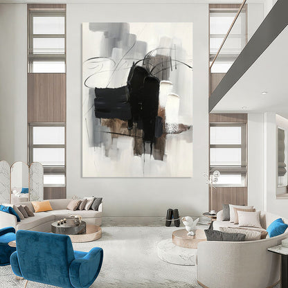 Black, Gray, and White Abstraction - Abstract Expressionist Painting On Canvas DKH1275
