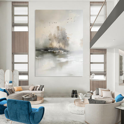 “Serene Misty Landscape” - Soft Gray, Beige & White Abstract Nature Painting On Canvas DKH1190