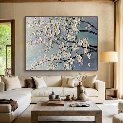 White Blossom Tree - White, Pink & Blue Floral Painting On Canvas DKH887