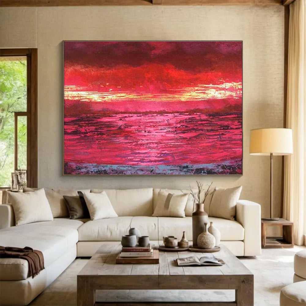 Red Sunset Over Water Painting On Canvas DKH191