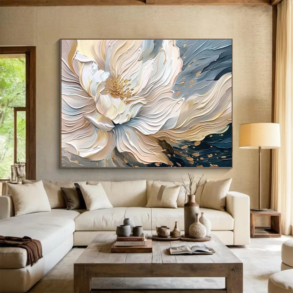 “Gilded Bloom” - White, Gold, Blue Textured Floral Impasto Painting On Canvas DKH703