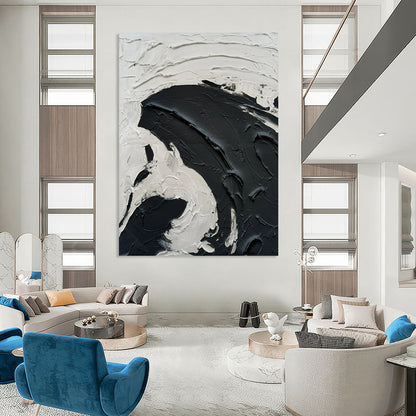 “White, Black Textured Swirl ‘Dramatic Serenity’” - Impasto Abstract Painting On Canvas DTP389