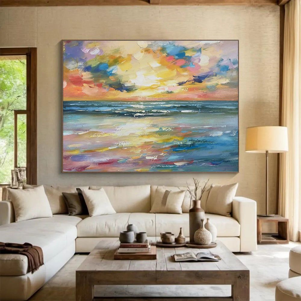 Rainbow - Hued Sunset and Ocean “Spectral Seaside Splendor” Painting On Canvas DKH117
