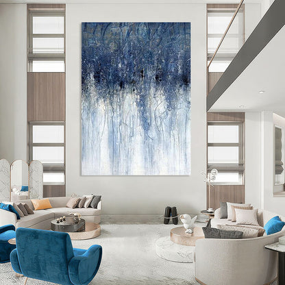 “Dripping Blues” - Blue & White Abstract Vertical Streaks Painting On Canvas DKH1537