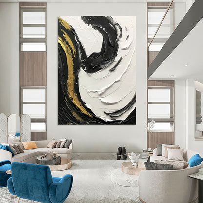 “Black, White, Gold Swirl ‘Elegant Dynamism’” - Impasto Abstract Painting On Canvas DTP381