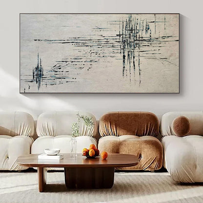 Beige with Blue Dripping Lines - Abstract Expressionist Acrylic On Canvas CT1315