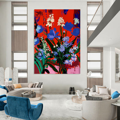“Blue - White Flowers on Red” - Pop Art - Inspired Floral Painting On Canvas DTP101