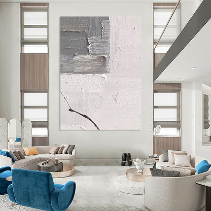 “Gray, White Textured Fragment ‘Subtle Chaos’” - Impasto Abstract Painting On Canvas DTP361