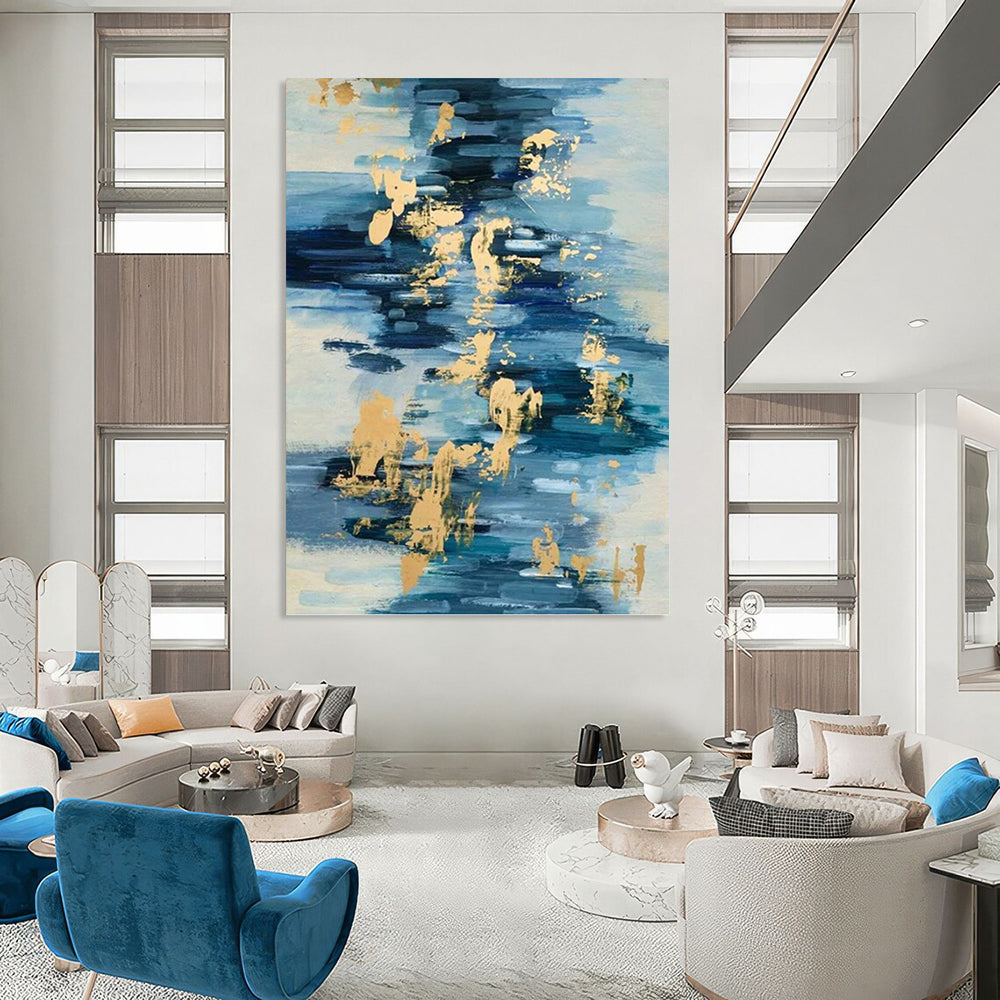 “Blue - Gold Fluid Reflections” - Blue, White & Gold Abstract Water - Inspired Painting On Canvas DKH0931