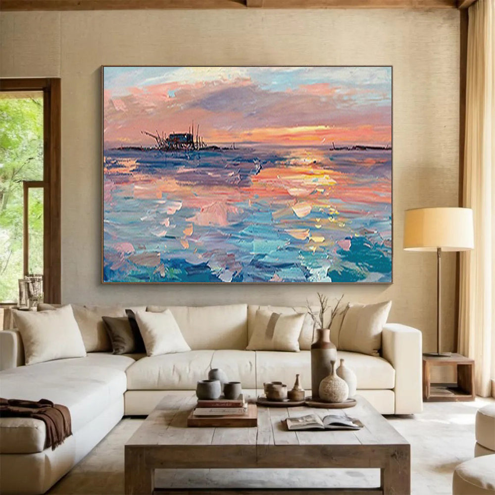 Sunset Over the Fishing Village - Impressionist Seascape Painting On Canvas DLZ205