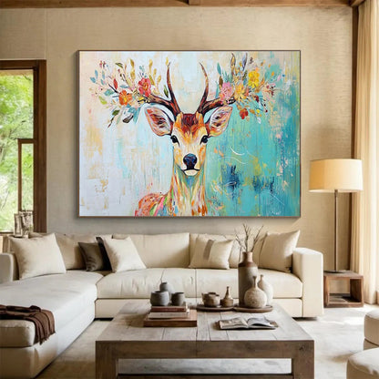 “Floral - Antlered Deer” - Whimsical Animal Painting On Canvas DKH803