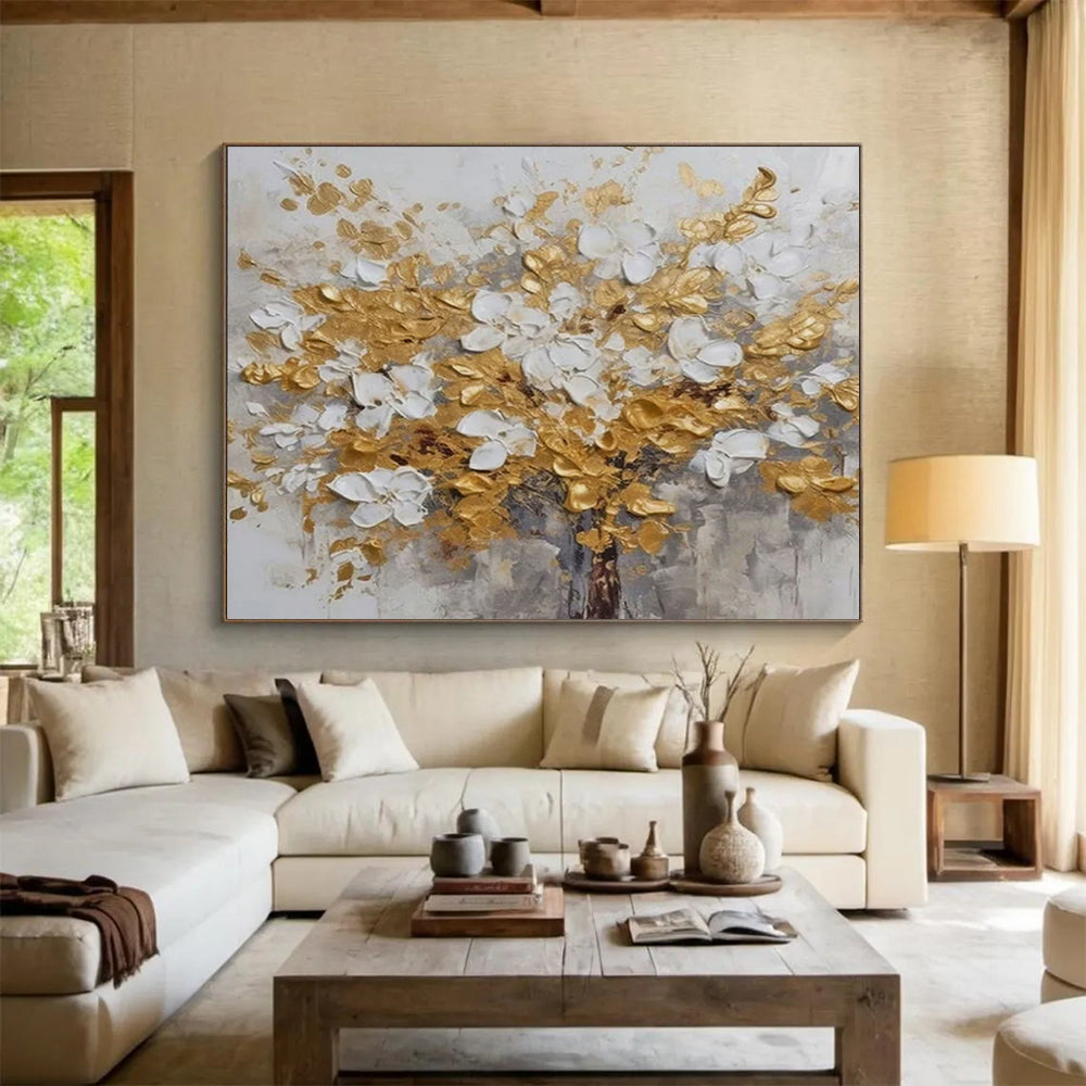 Gold and White Flower Tree - Impasto Floral Painting On Canvas DLZ246