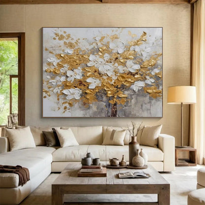 Gold and White Flower Tree - Impasto Floral Painting On Canvas DLZ246
