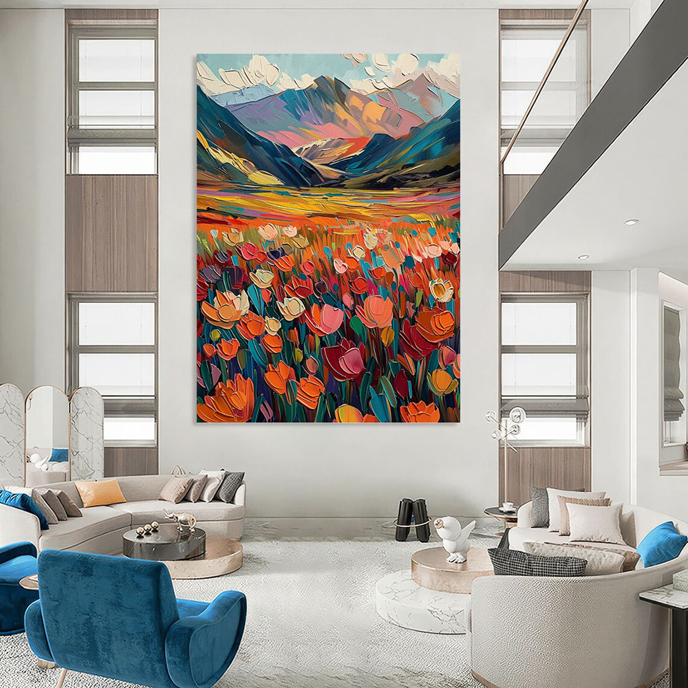 “Color - Burst Mountain Meadow with Vivid Florals” - Abstract Expressionist Landscape Painting On Canvas DKH1597