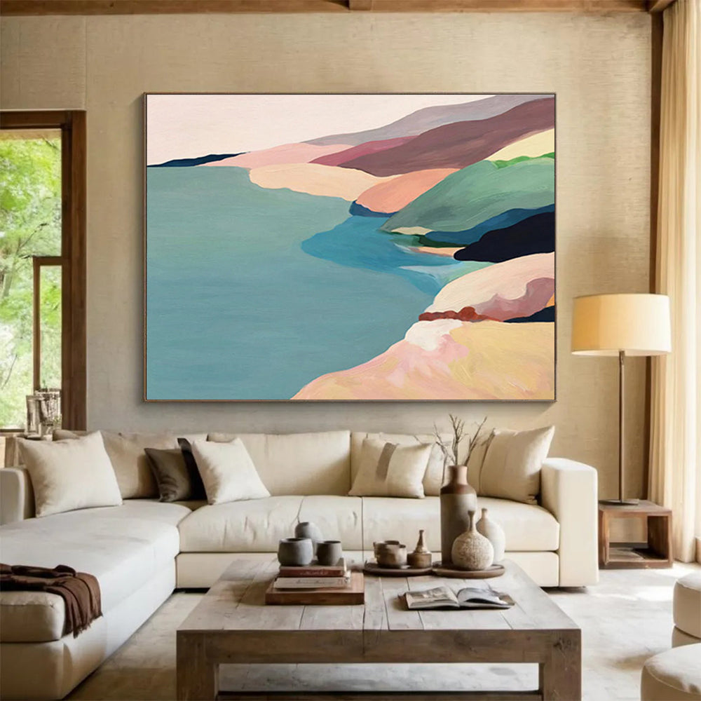 “Pastel Coastal Ridges” - Soft Pink, Blue, Green Minimalist Landscape Painting On Canvas DKH741