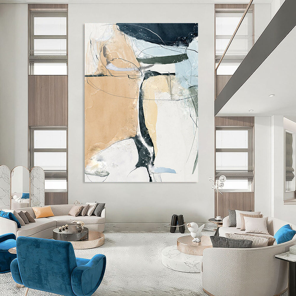 “Fluid Connections” - Beige, Blue, Black & White Abstract Lines Painting On Canvas DKH1523